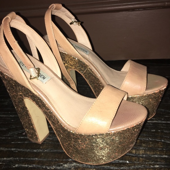 Steve Madden Y2K Shazzam Gold Glitter Nude Tan Leather Platform Heels Sz 6 - Picture 3 of 8